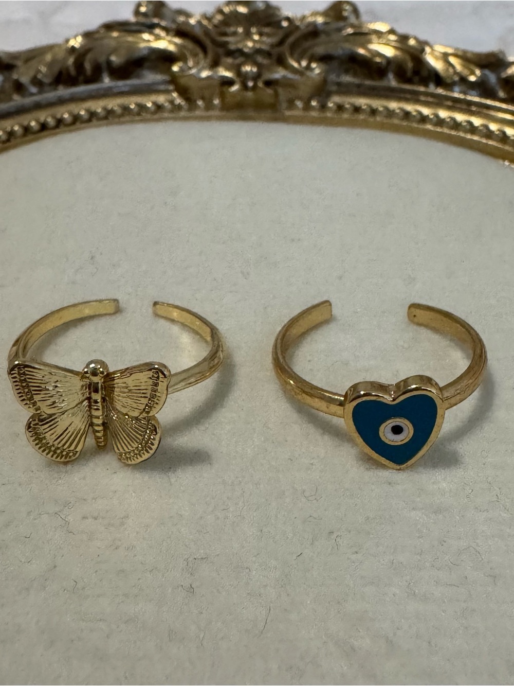 Gold Plated Adjustable Butterfly and Blue Evil Eye Heart Ring Set